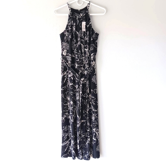 White House Black Market Pants - NEW White House Black Market Jacquelyn Floral Black Jumpsuit Crop Chain Detail 8